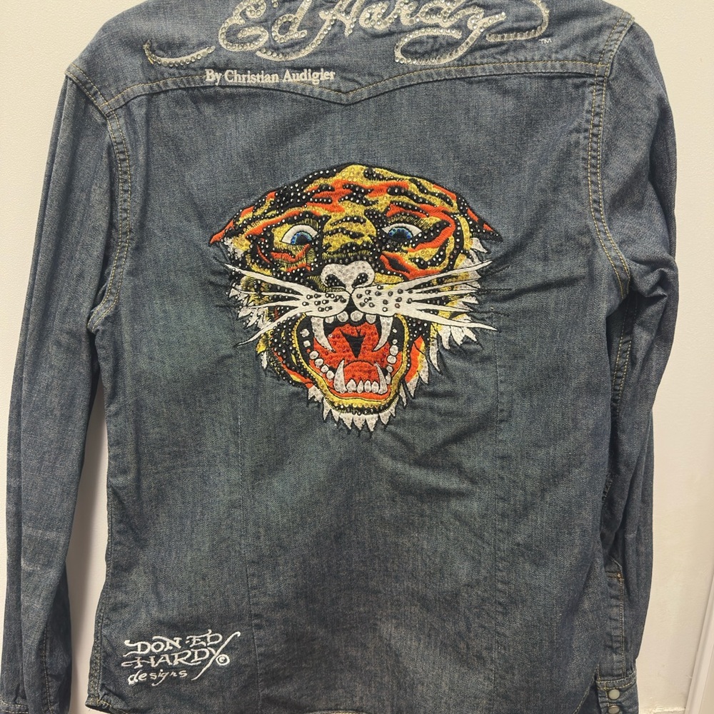 Ed Hardy Denim Button Down Shirt with Tiger Design